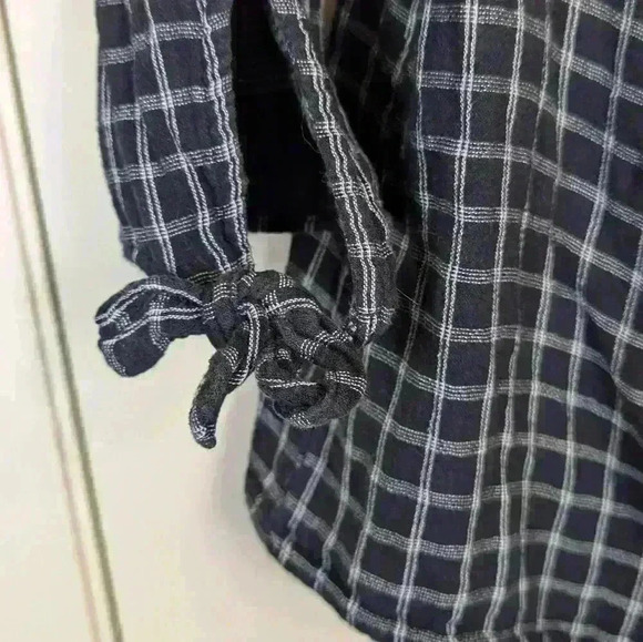 Madewell Plaid Off or On the Shoulder Top Sz Large Black/ White Tie Sleeves - Picture 5 of 8